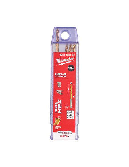 RED HEX - Burghie SHOCKWAVE HSS-Ground Titan pentru metal - Milwaukee - Shockwave HSS-G TiN Red Hex 3 mm - 10 buc - cod 4932478