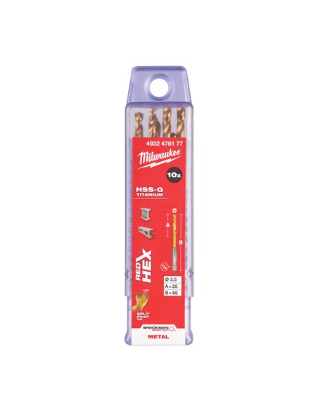 RED HEX - Burghie SHOCKWAVE HSS-Ground Titan pentru metal - Milwaukee - Shockwave HSS-G TiN Red Hex 3.5 mm - 10 buc - cod 49324