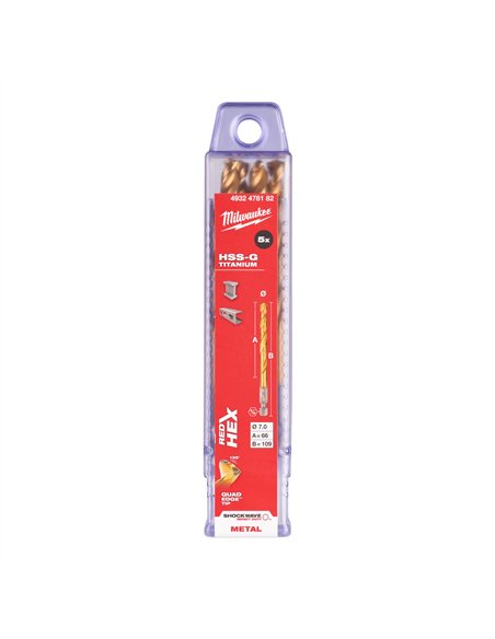 RED HEX - Burghie SHOCKWAVE HSS-Ground Titan pentru metal - Milwaukee - Shockwave HSS-G TiN Red Hex 7 mm - 5 buc - cod 49324781