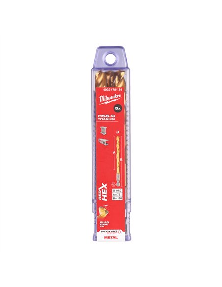 RED HEX - Burghie SHOCKWAVE HSS-Ground Titan pentru metal - Milwaukee - Shockwave HSS-G TiN Red Hex 10 mm - 5 buc - cod 4932478